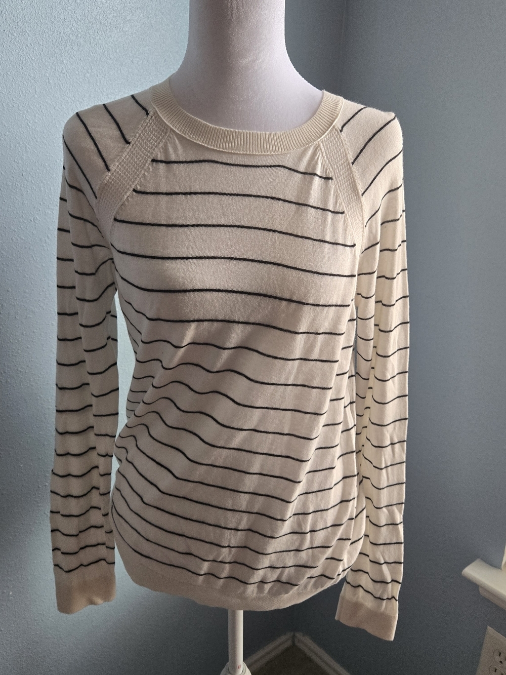 LOFT Cream and Black Striped Long-Sleeve Sweater